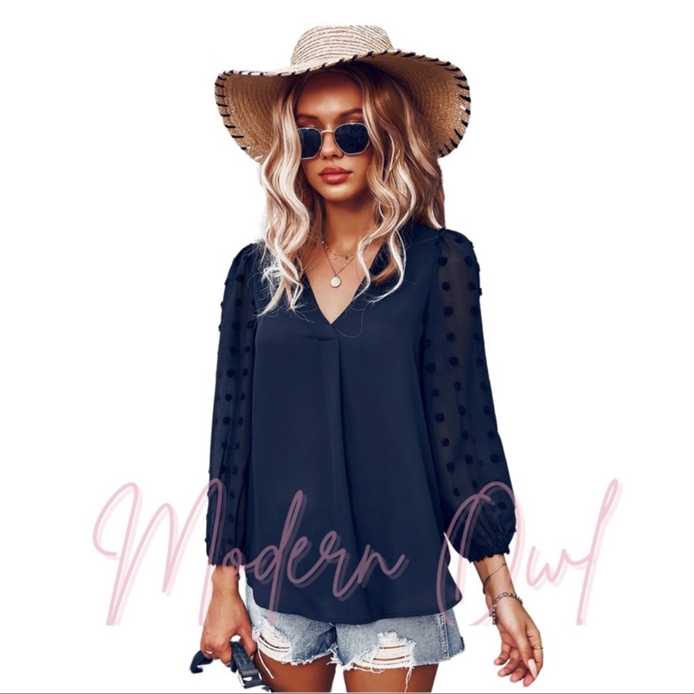 Swiss Polka Dot V-Neck Navy Top